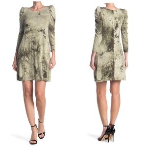 NWT MSK Green Olive Tie Dye Puff Sleeve Dress